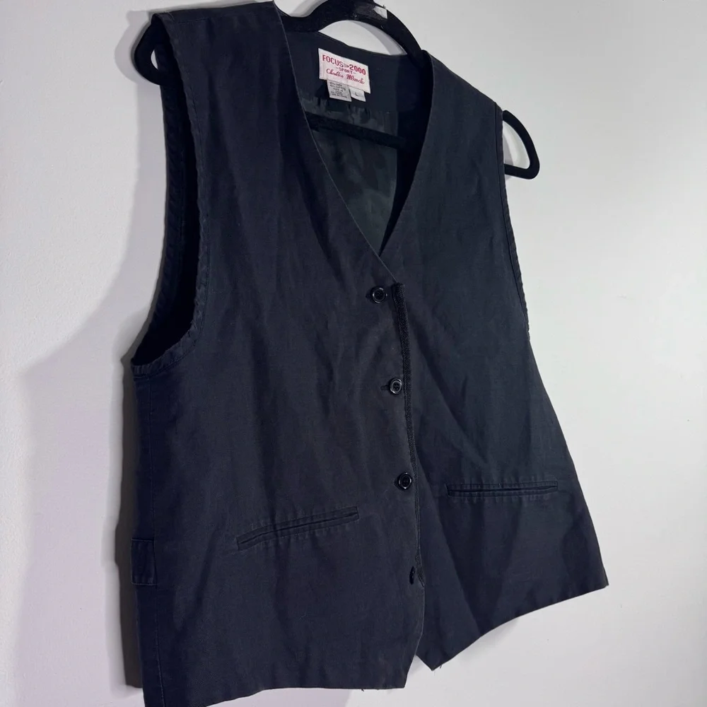 Vintage Focus 2000 Linen Vest Large Black Button Front Minimalist 90s